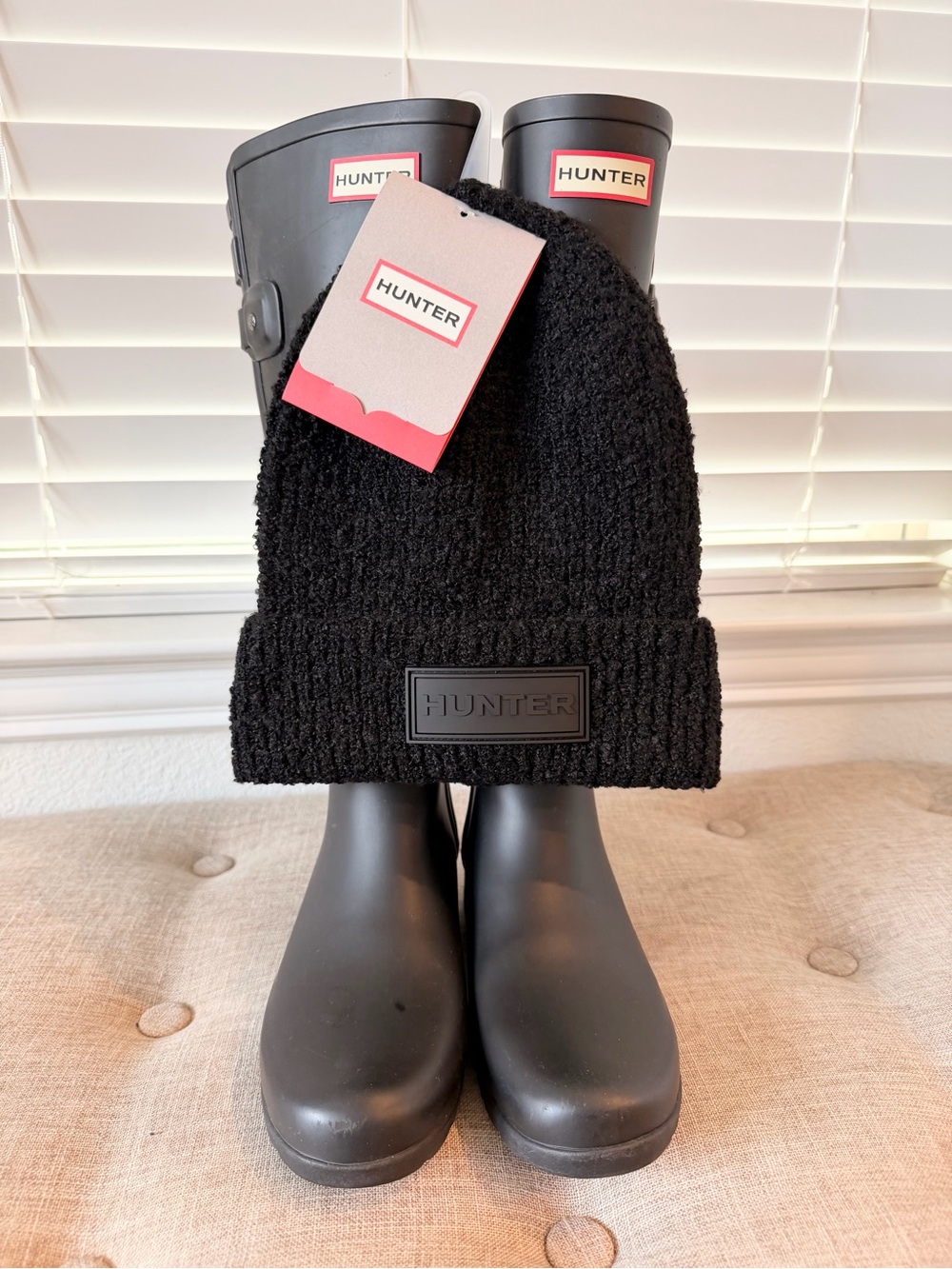 Hunter Black Women’s Refined Tall Rain Boots with Black Knit Beanie